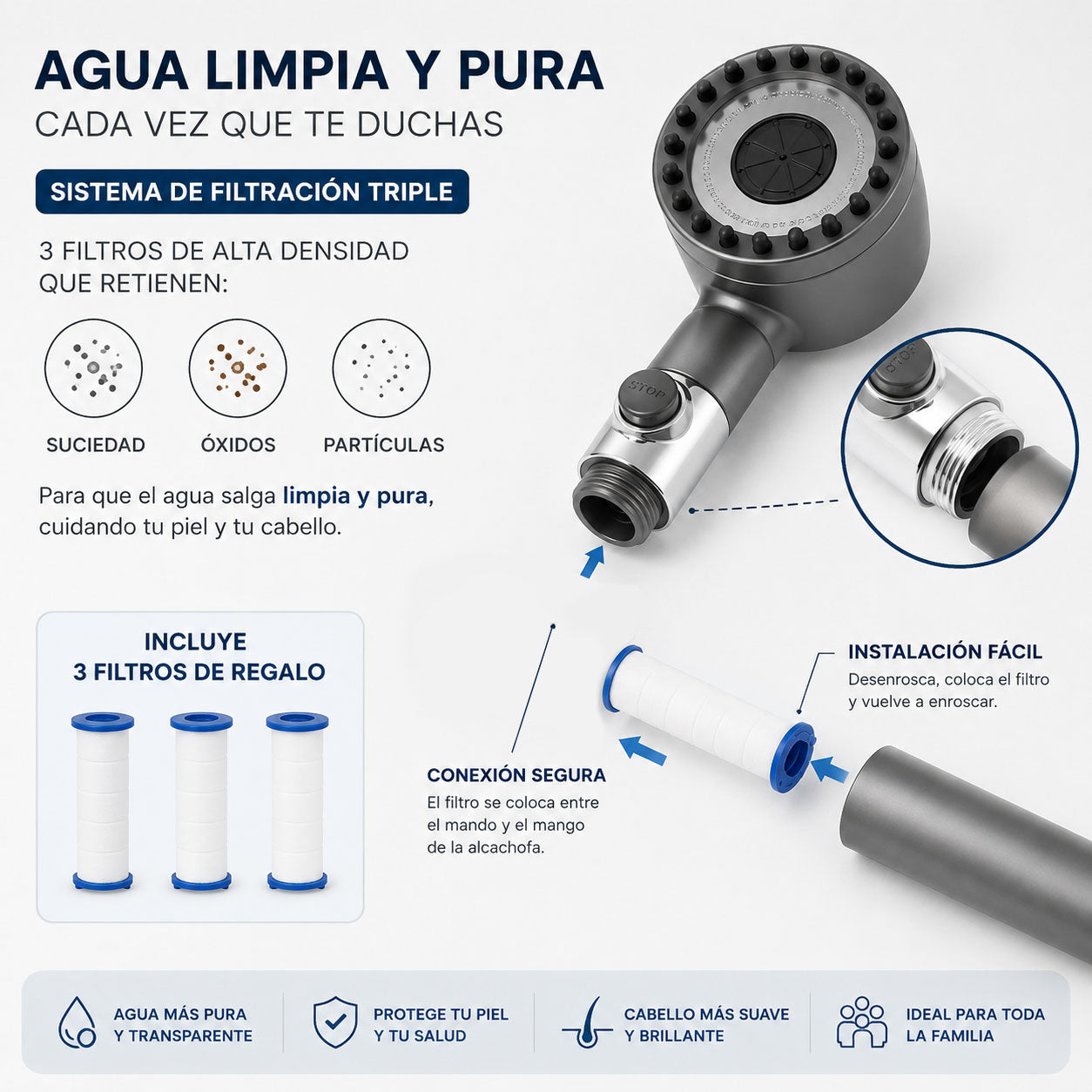 Alcachofa de ducha de alta presión + 3 Filtros de regalo - Pure™